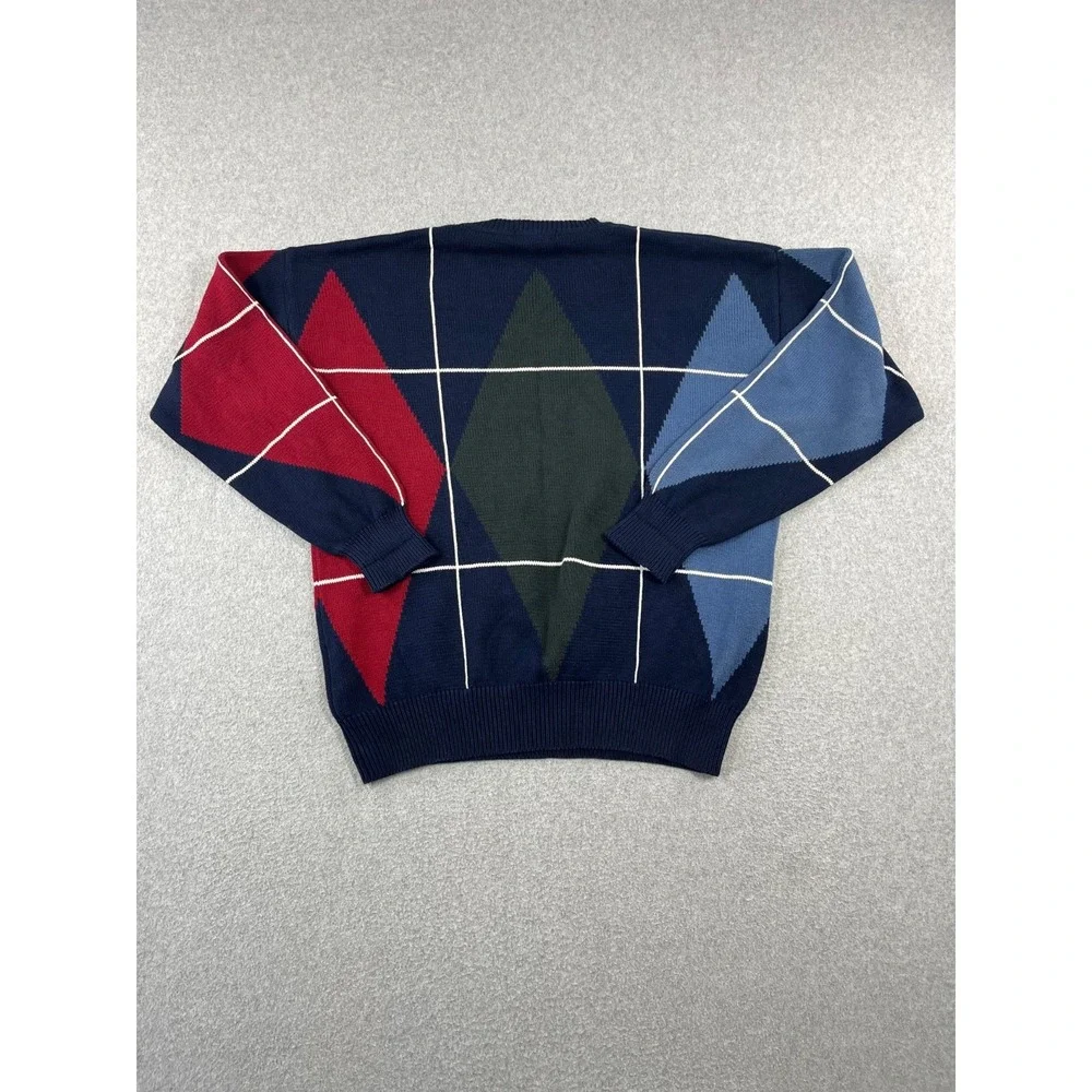 Vintage Nautica Sweater Mens L Blue Geometric Argyle White Windowpane 90s Crew